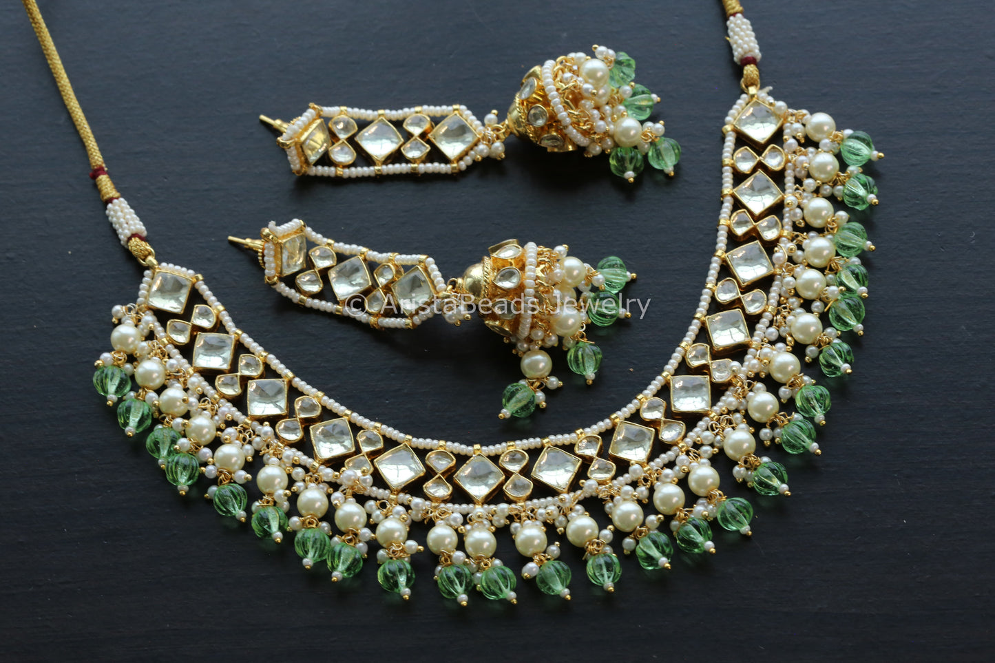 Pachi Kundan Necklace Jhumka Set - Light Green
