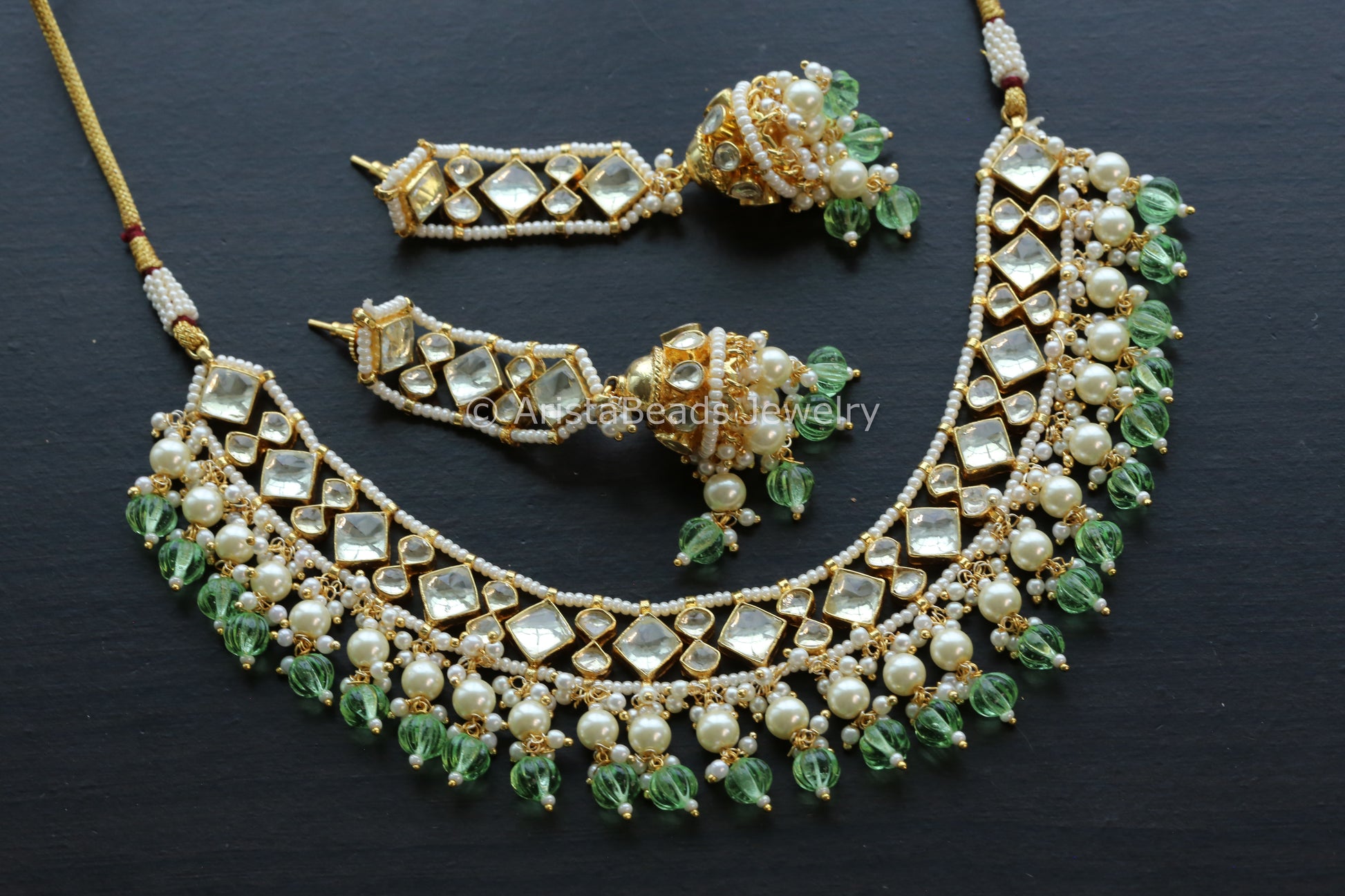 Pachi Kundan Necklace Jhumka Set - Light Green