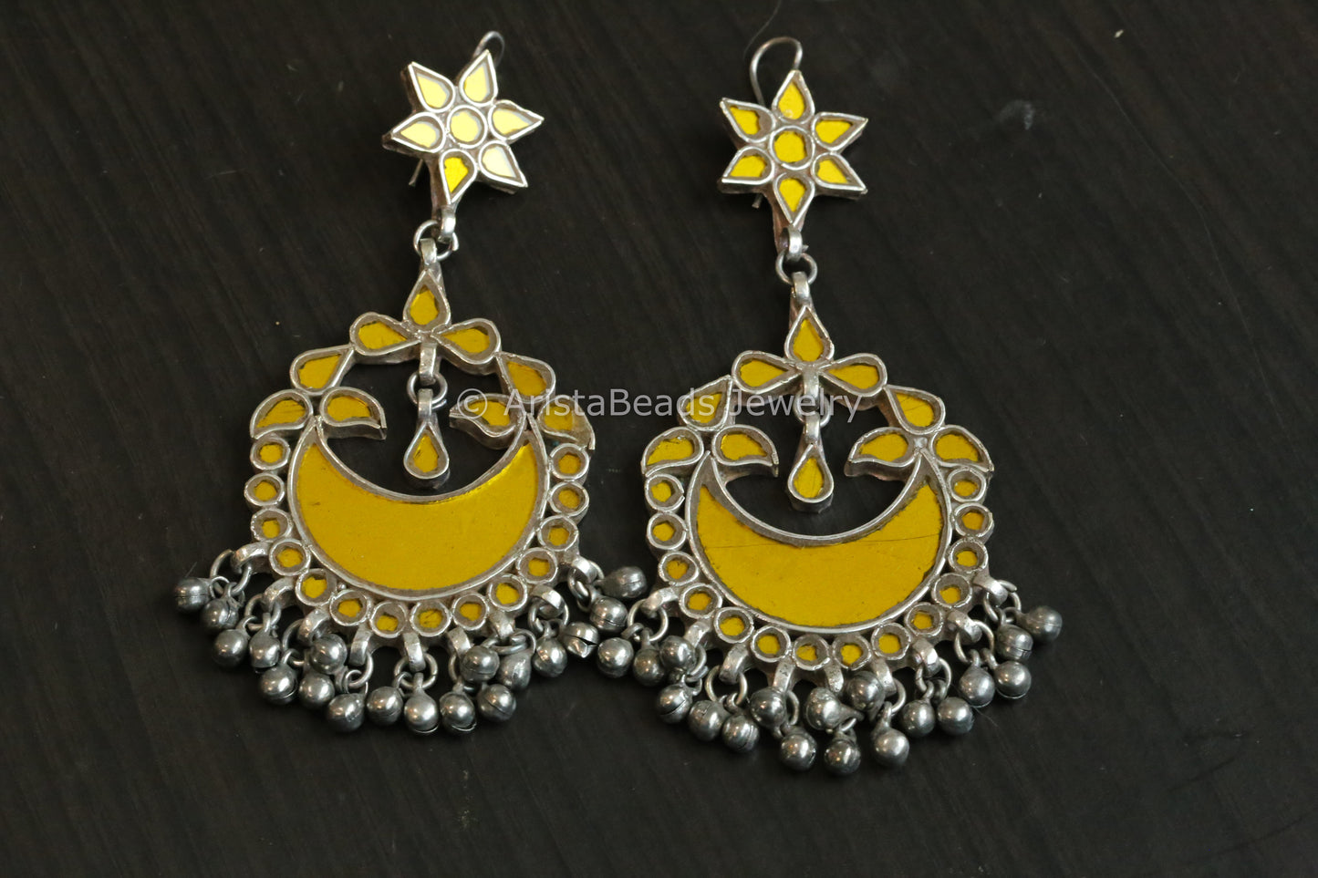 Large Real Glass Chandbaali - Yelllow