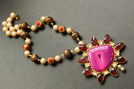 Contemporary Kundan & Pink Agate Geode Druzy Necklace
