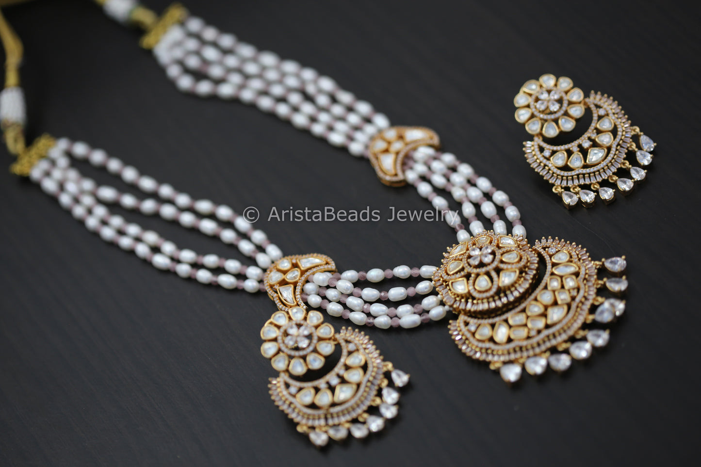 Real Pearls Kundan CZ Necklace Set - Pastel Pink
