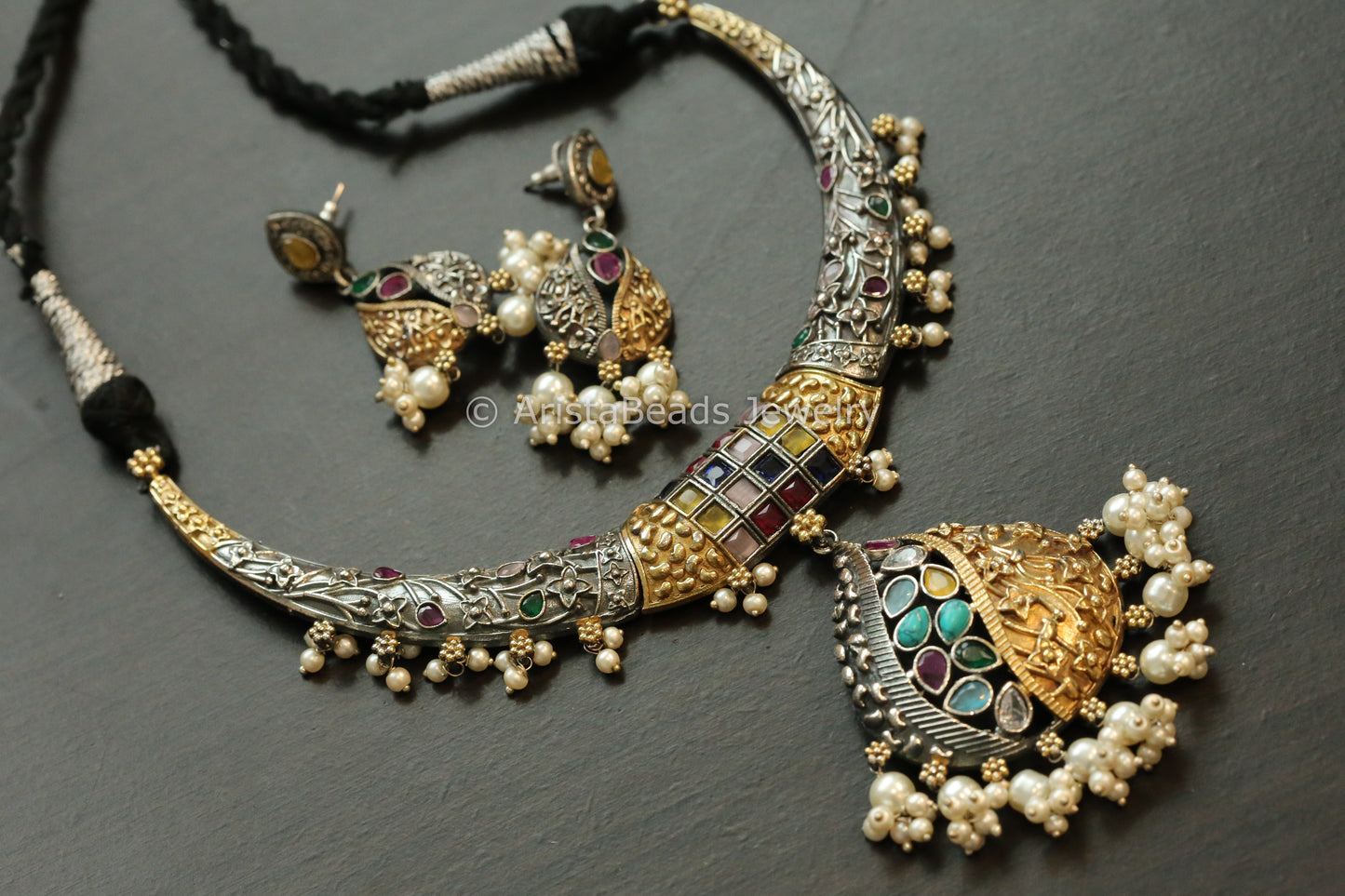 Oxidized Navratna Hasli Necklace Set