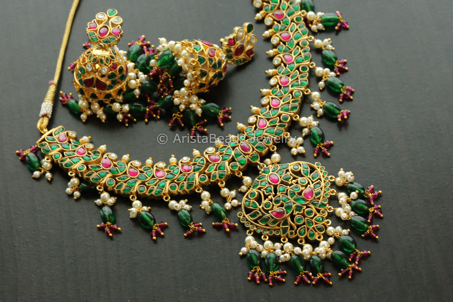 Next To Real Fine Jadau Kundan Necklace Set - Emerald