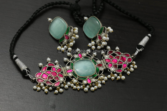 Silver Finish Jadau Choker Set - Mint