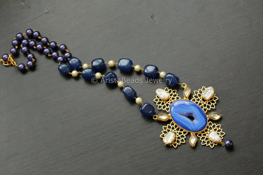 Contemporary Kundan, Baroque & Blue Agate Geode Druzy Necklace