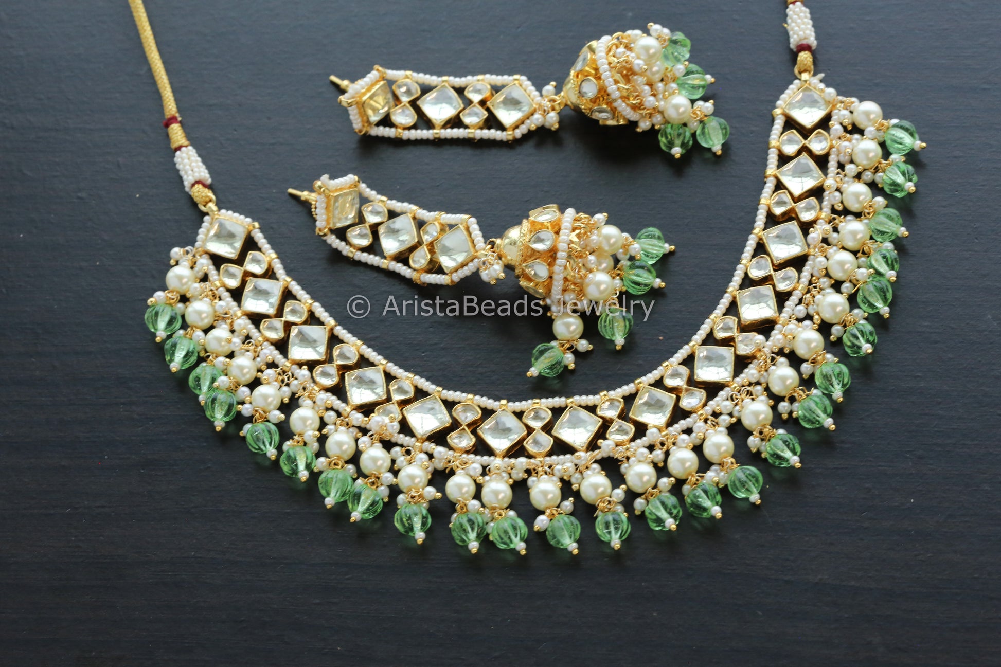 Pachi Kundan Necklace Jhumka Set - Light Green