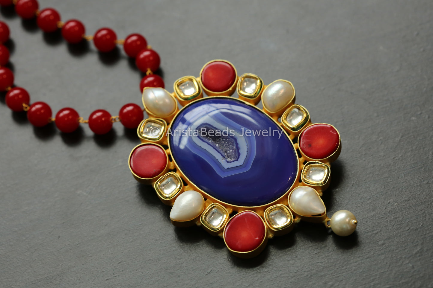 Kundan, Baroque Coral and Blue Agate Slice Necklace