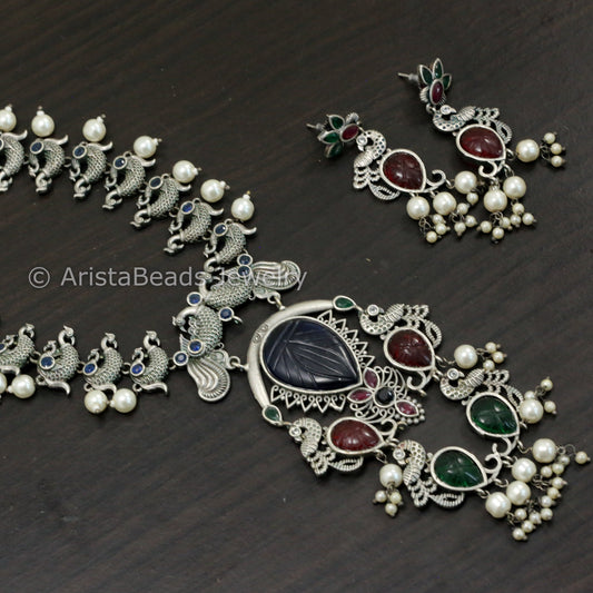 Carved Stone Oxidized Peacock Necklace Set - Multicolor