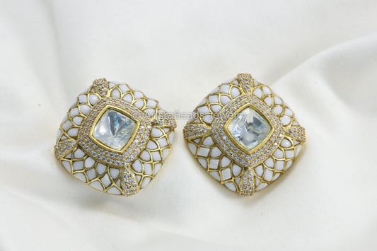 Next To Real Large Moissanite Polki & Jadau Stone Studs - Ivory