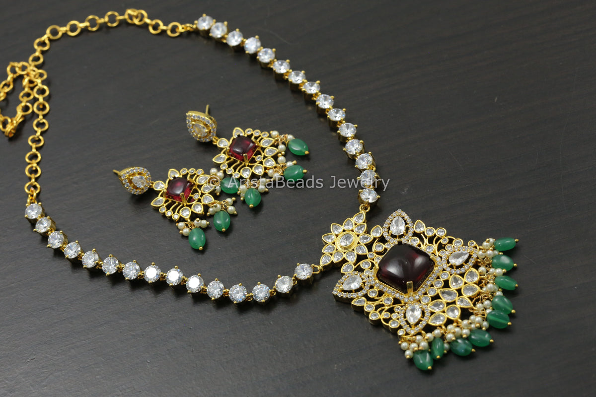 Next To Real CZ Polki & Pota Stone Necklace Set  - Ruby