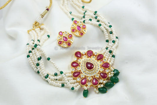 Ruby CZ & Kemp Polki Necklace Set