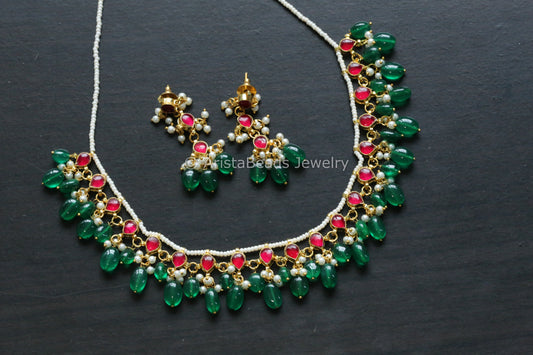 Dainty Ruby Pachi Kundan Necklace Set - Green Drops