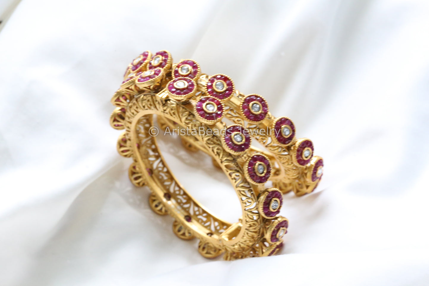 Ruby CZ & Polki Pacheli Bangle Set (Openable)