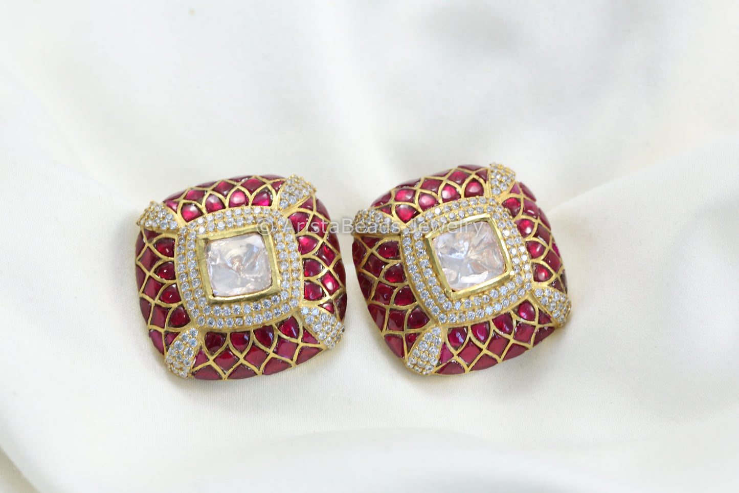 Next To Real Large Moissanite Polki & Jadau Stone Studs - Ruby