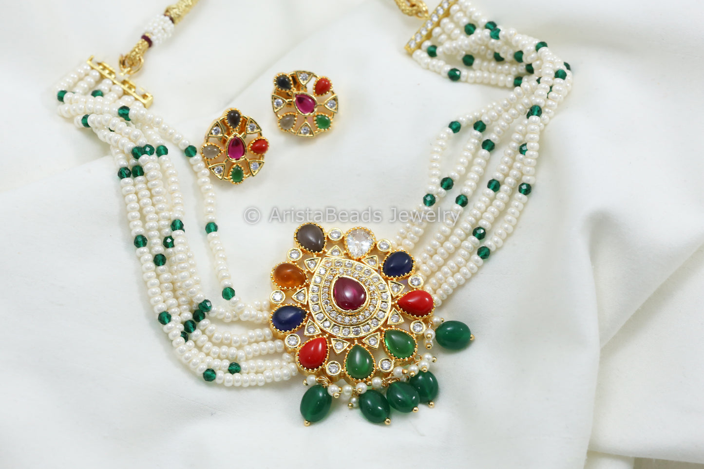 Navratan CZ & Kemp Polki Necklace Set