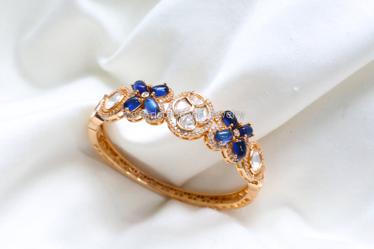 Premium Uncut Kundan & Pota  Bracelet (Openable) - Blue