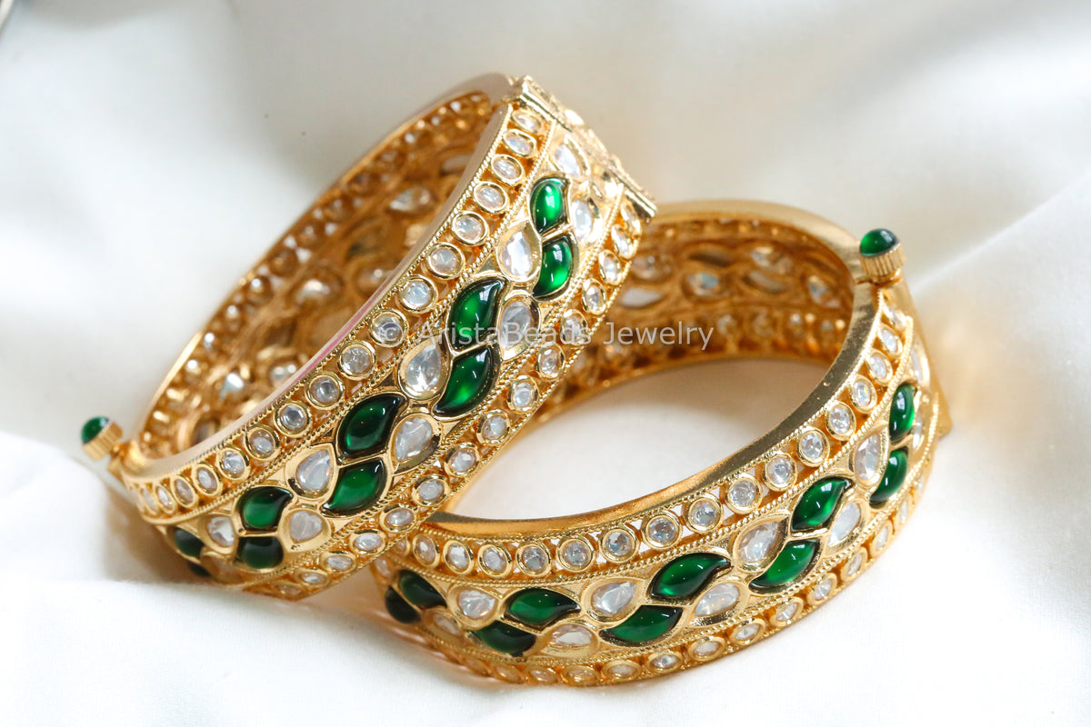 Openable Angle Premium Pota & Polki Kundan Bangle Set ( Openable) – AristaJoules
