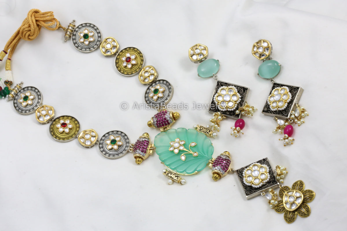 Premium Jadau Work Kundan & CZ Necklace Set - Carved Mint Stone