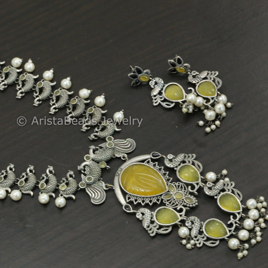 Carved Stone Oxidized Peacock Necklace Set - Yellow