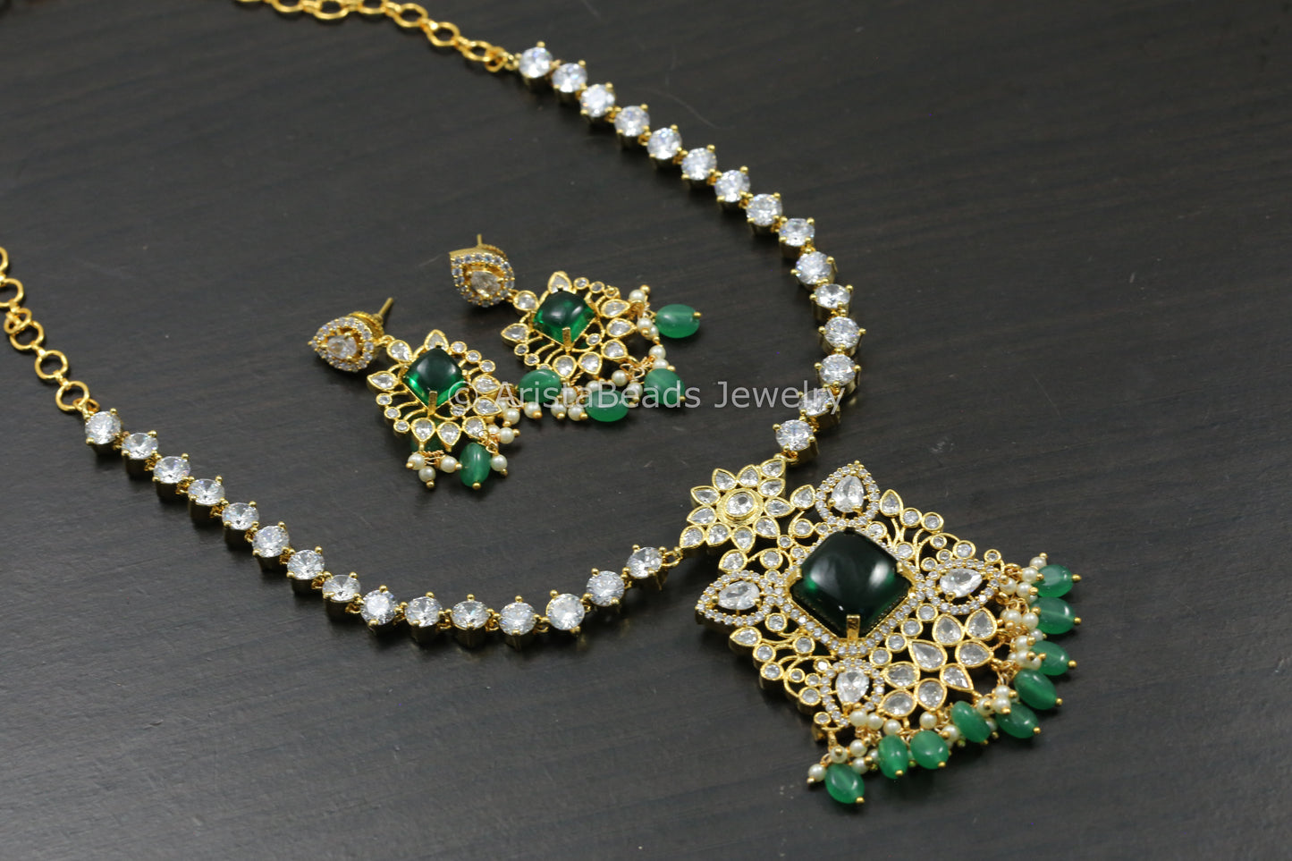 Next To Real CZ Polki & Pota Stone Necklace Set  - Green & Clear