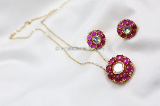 Dainty Uncut Polki Pendant Set - Ruby