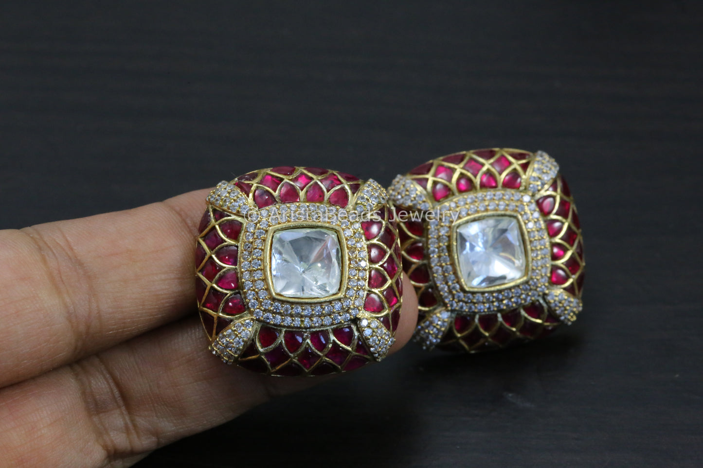 Next To Real Large Moissanite Polki & Jadau Stone Studs - Ruby