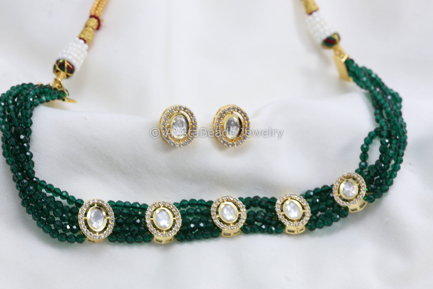 Dainty Hydro Beads Uncut Polki Choker Set - Green