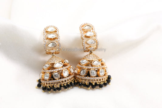 Gold CZ & Uncut Polki Jhumka - Black