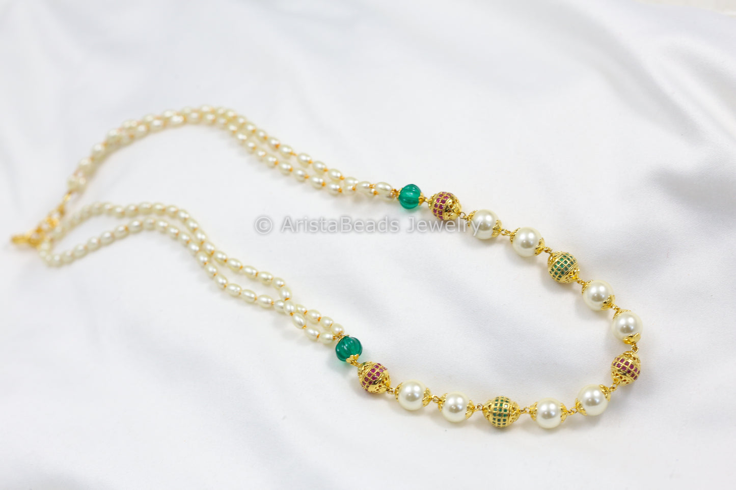 Rice Pearls & CZ Beads Mala Necklace - Style 1