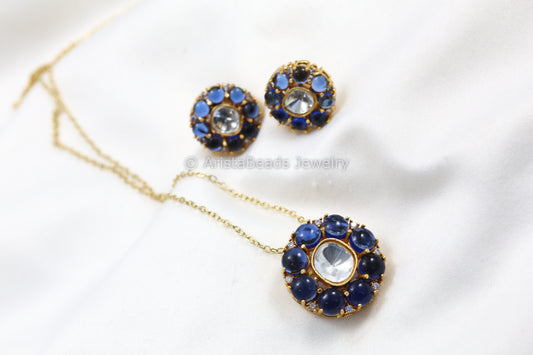 Dainty Uncut Polki Pendant Set - Blue