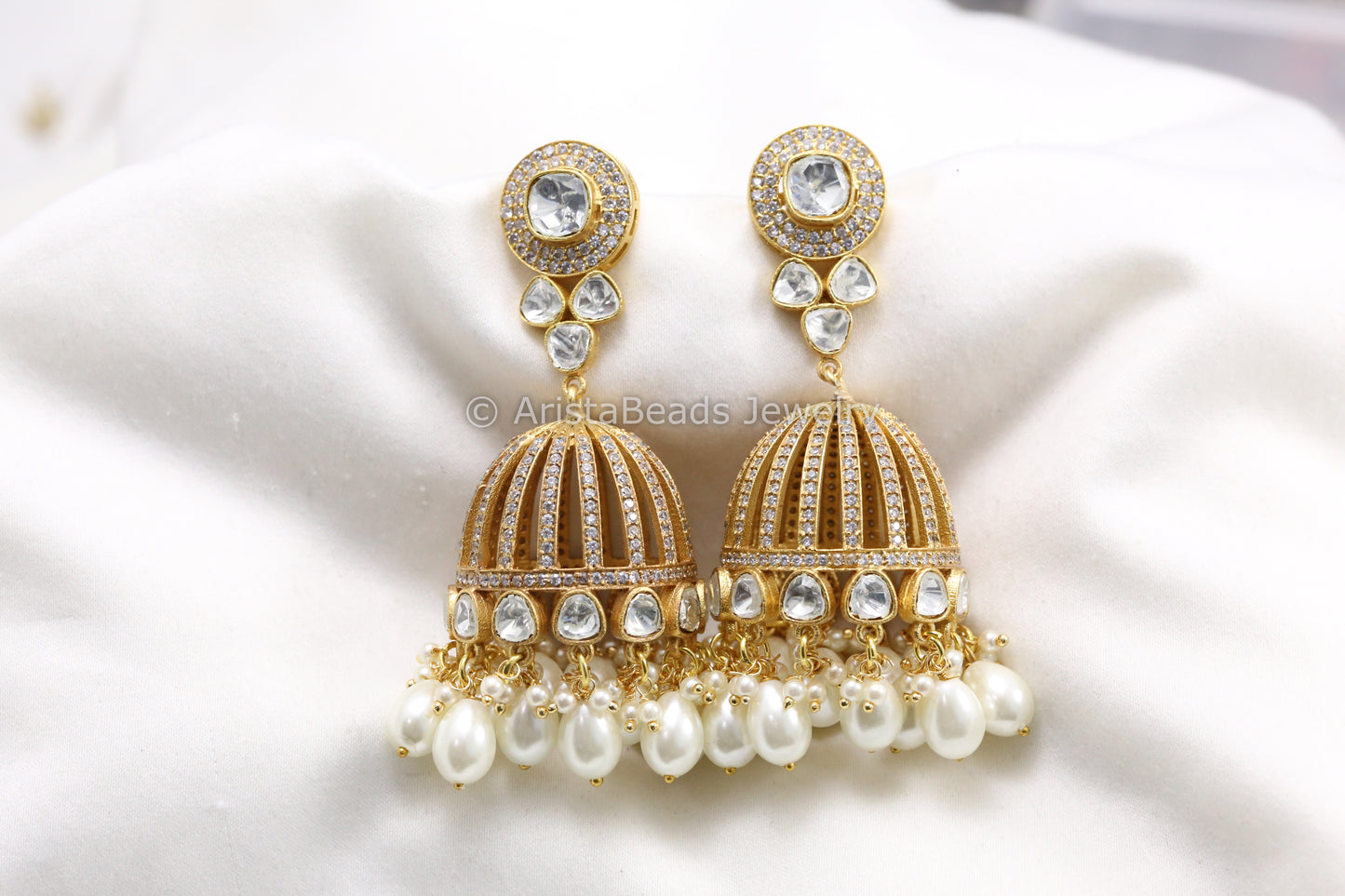 Moissanite Polki & Micro CZ Jhumka - Pearls
