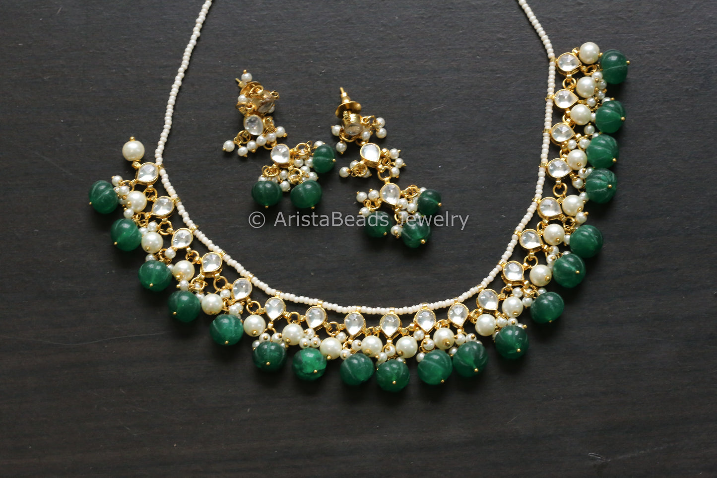 Dainty Clear Pachi Kundan Necklace Set - Green Melon Drops