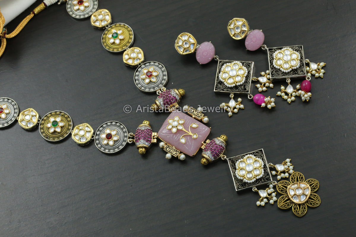 Premium Jadau Work Kundan & CZ Necklace Set - Carved Pink Stone
