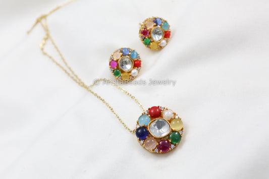 Dainty Uncut Polki Pendant Set -Navratan