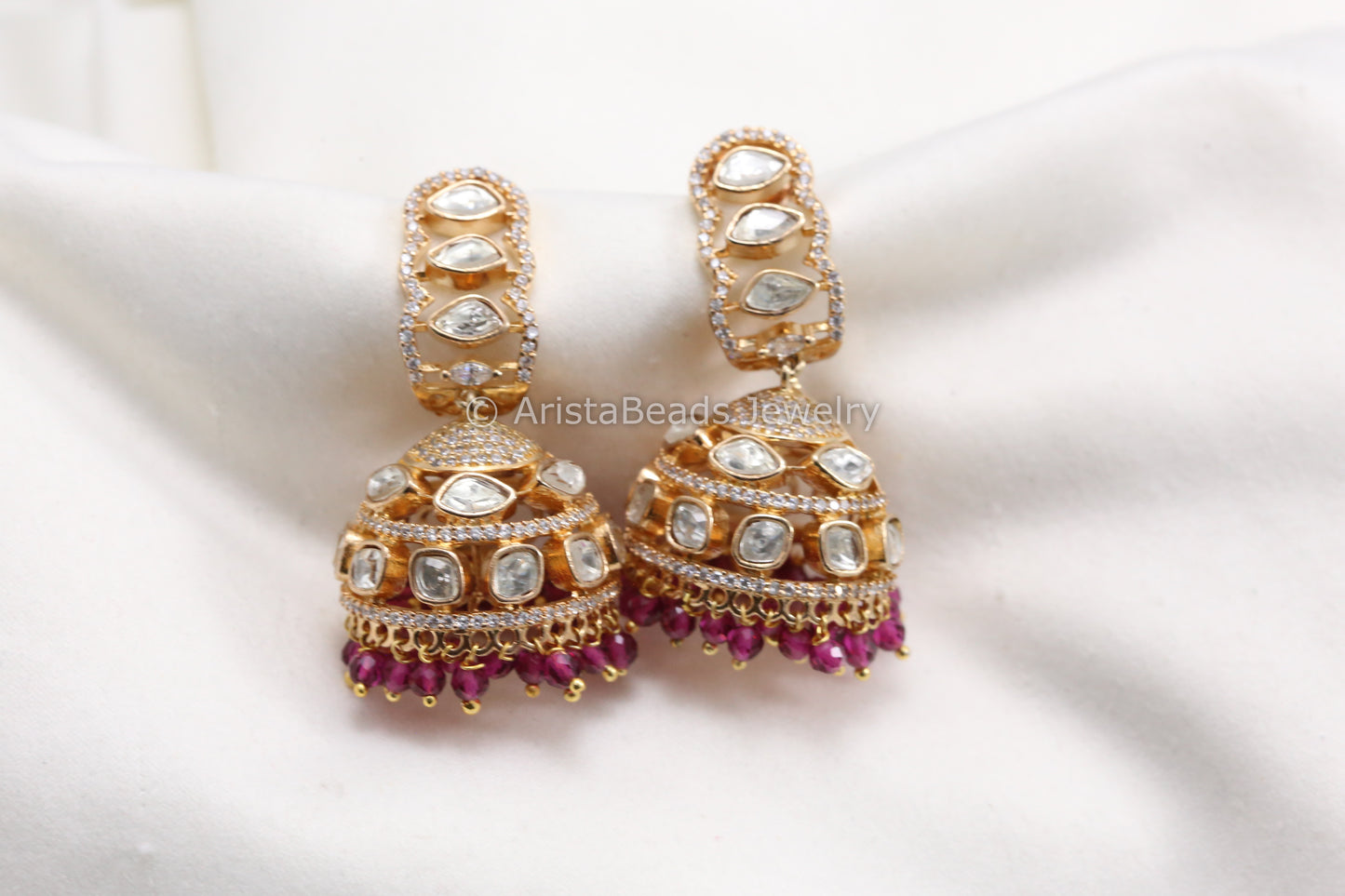 Gold CZ & Uncut Polki Jhumka - Ruby