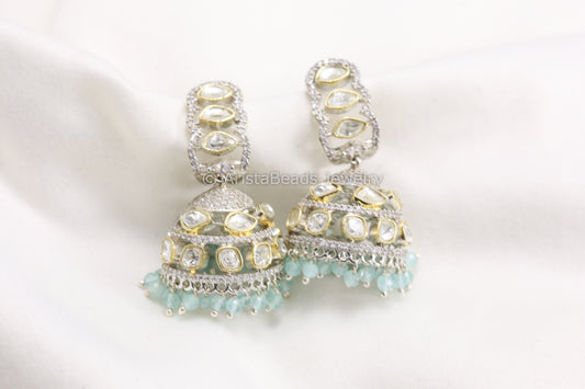 Dual Tone CZ & Uncut Polki Jhumka - Aqua