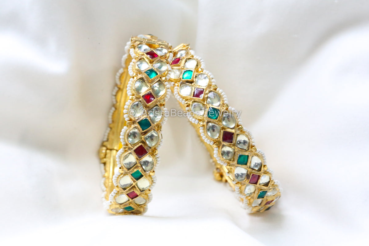Pachi Kundan Bangle Set (Openable) - Multi