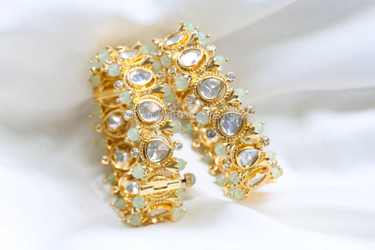 Premium Uncut Polki Kundan Bangle Set - Mint (Openable)