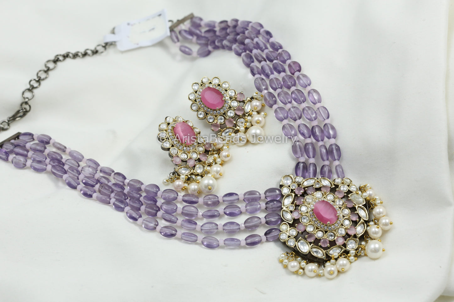 Victorian Uncut Kundan Necklace Set - Lavender