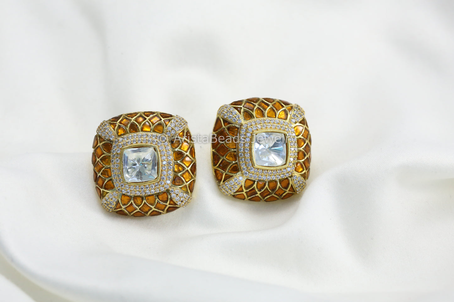 Next To Real Large Moissanite Polki & Jadau Stone Studs - Mustard