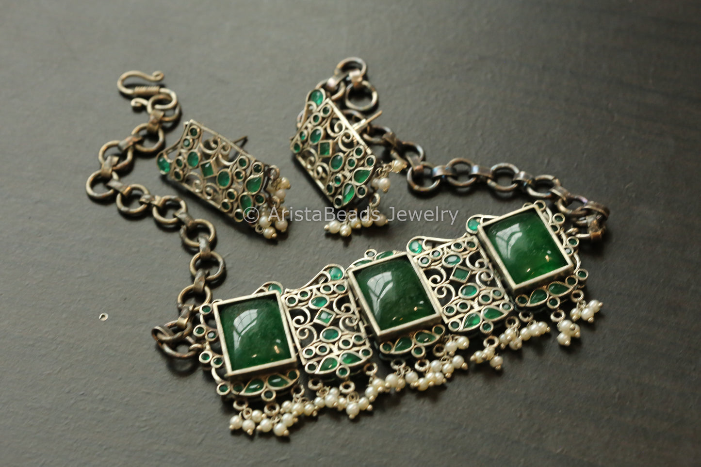 Green Quartz Oxidized Choker Set
