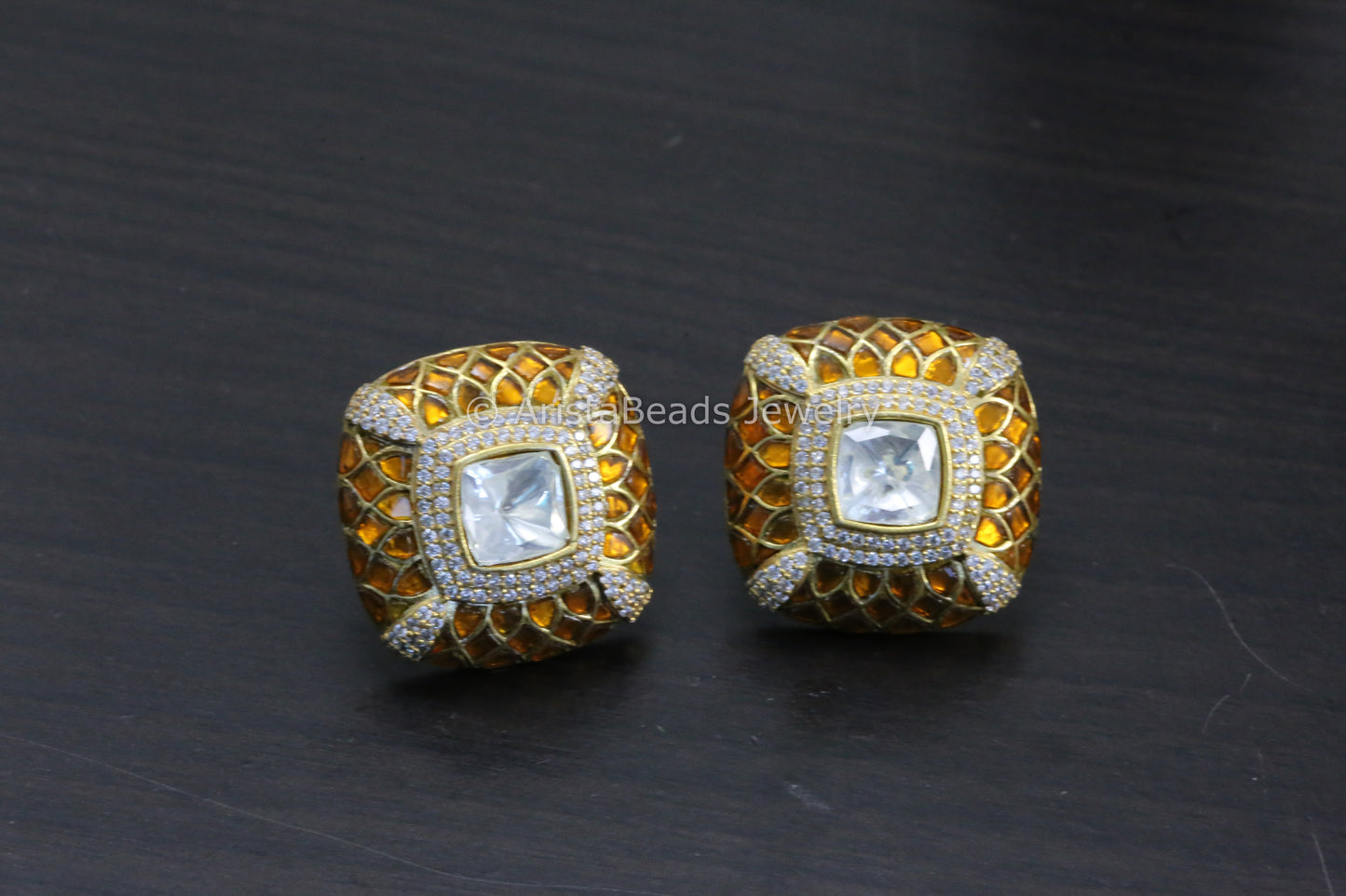 Next To Real Large Moissanite Polki & Jadau Stone Studs - Mustard