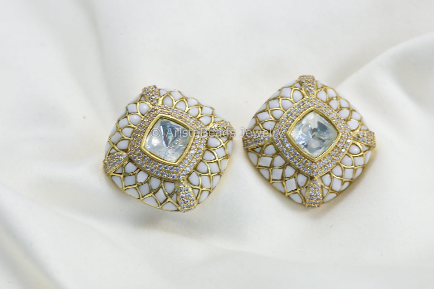 Next To Real Large Moissanite Polki & Jadau Stone Studs - Ivory