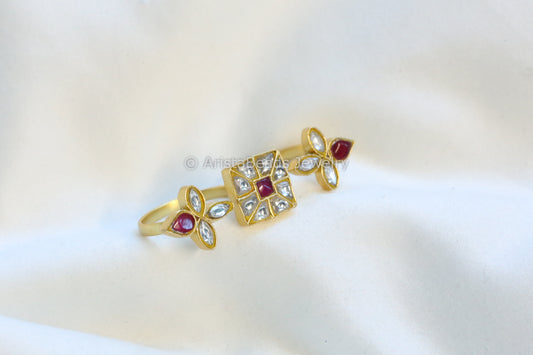 Jadau Kundan Two Finger Bar Ring (Adjustable) -Ruby Clear