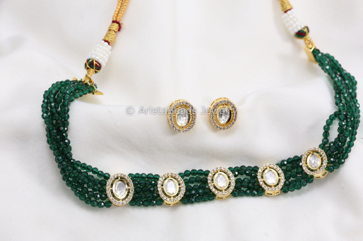 Dainty Hydro Beads Uncut Polki Choker Set - Green
