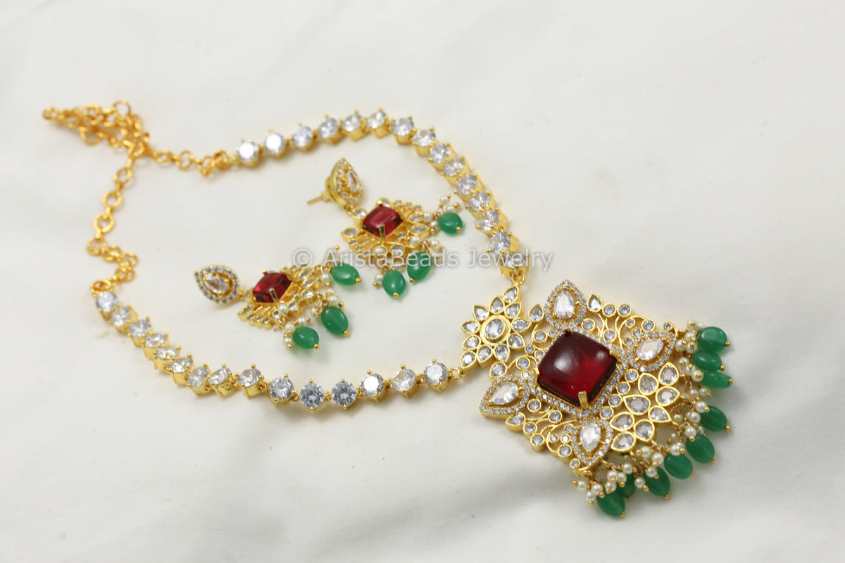 Next To Real CZ Polki & Pota Stone Necklace Set  - Ruby