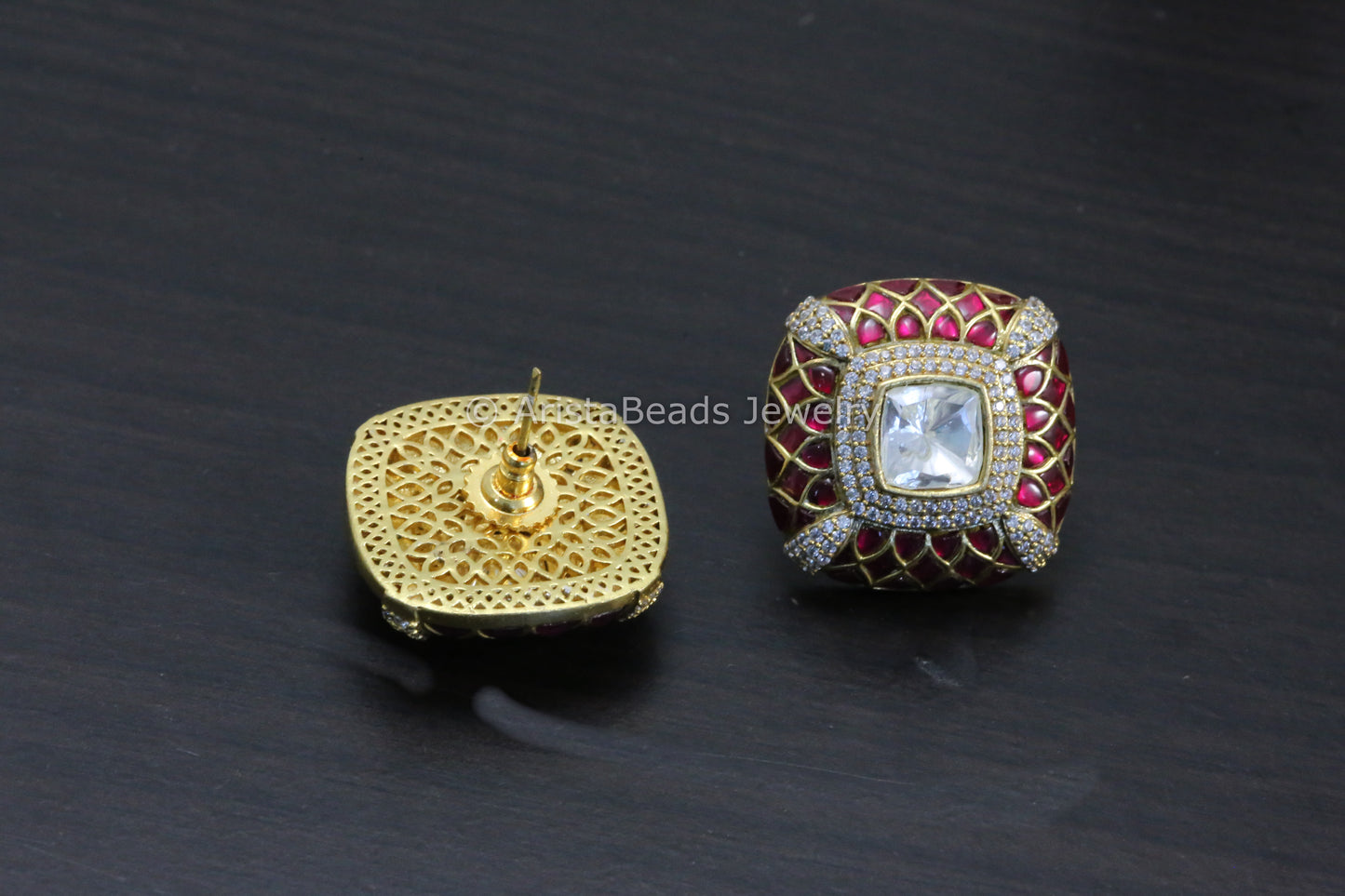 Next To Real Large Moissanite Polki & Jadau Stone Studs - Ruby