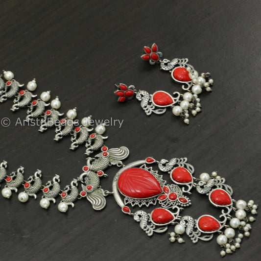 Carved Stone Oxidized Peacock Necklace Set - Coral