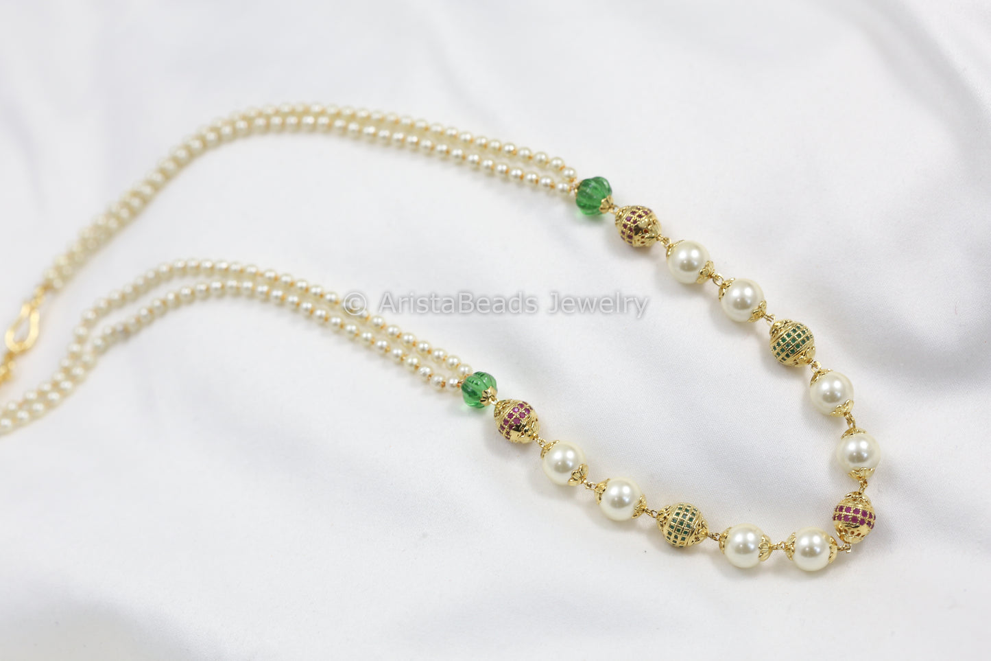 Rice Pearls & CZ Beads Mala Necklace - Style 1