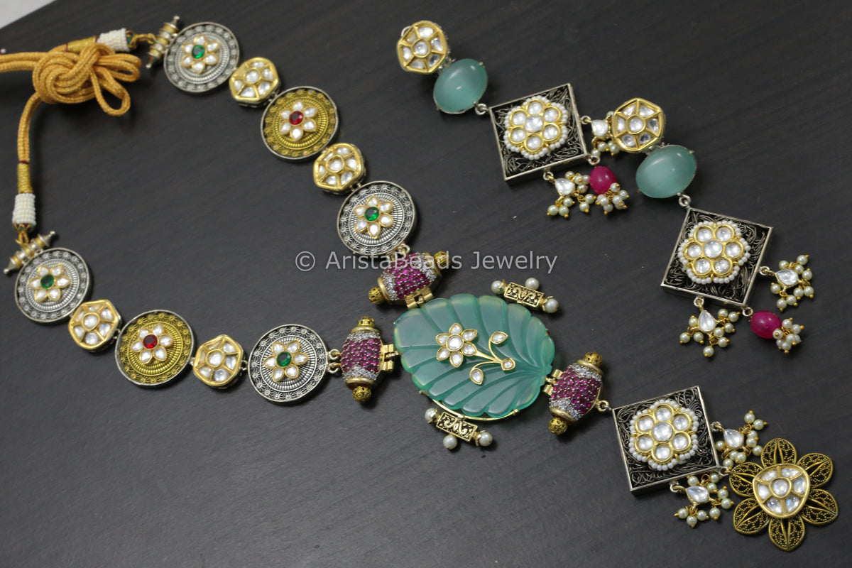 Premium Jadau Work Kundan & CZ Necklace Set - Carved Mint Stone